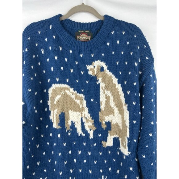 VINTAGE HAND KNIT GREATLAND APPAREL LARGE BLUE POLAR BEAR PULLOVER SWEATER - Picture 11 of 12